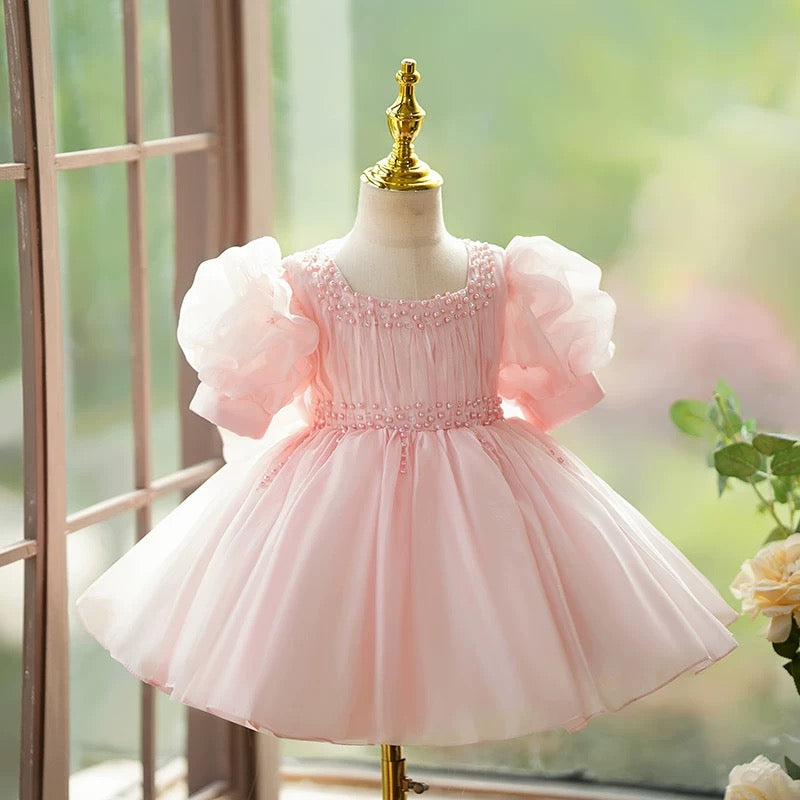Jill Pink Girl Dress Pearl Beaded Square Neckline Ball Gown J416