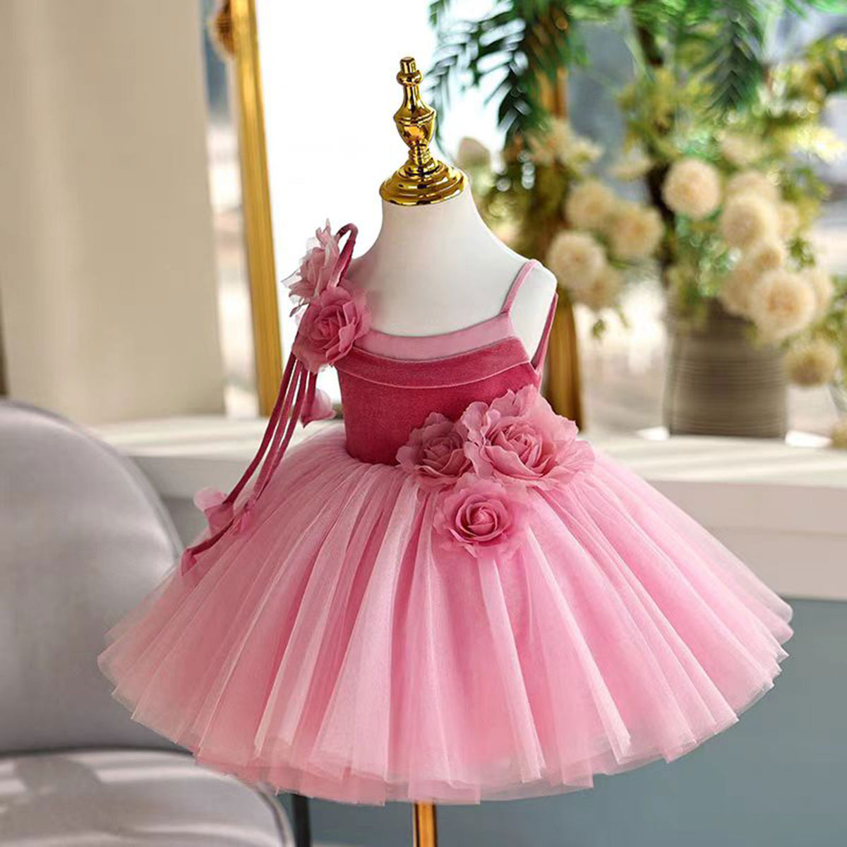Jill Pink Girl Dress Spaghetti Straps Toddler Kids 1st Birthday Gown J447