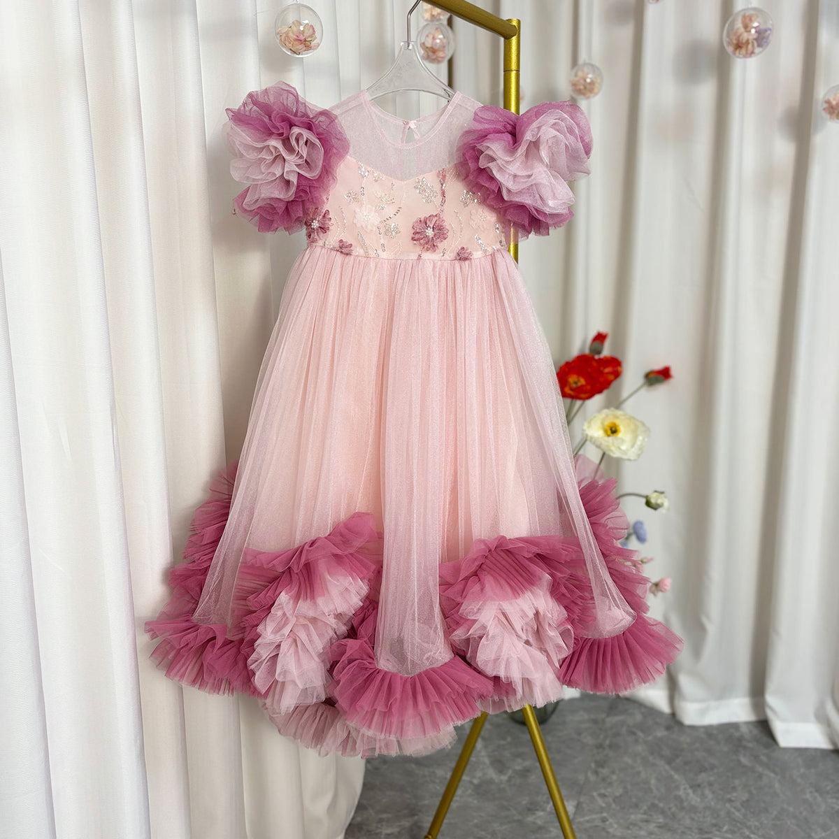 Jill Pink Girl Princess Dress for kids Birthday Party J141