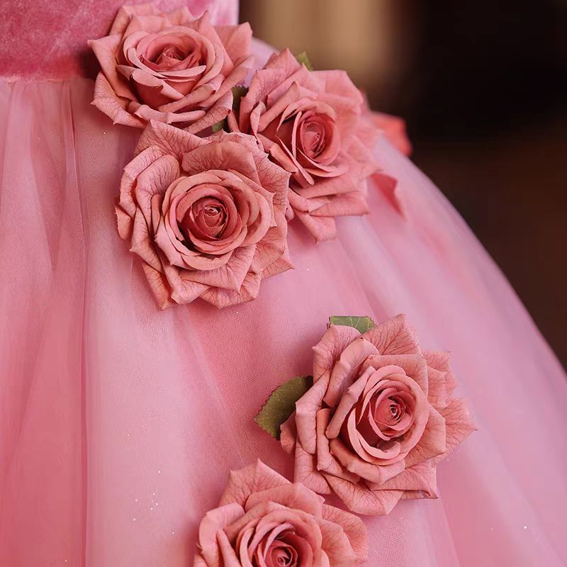 Jill Pink Handmade Flowers Girl Birthday Party Dress J040