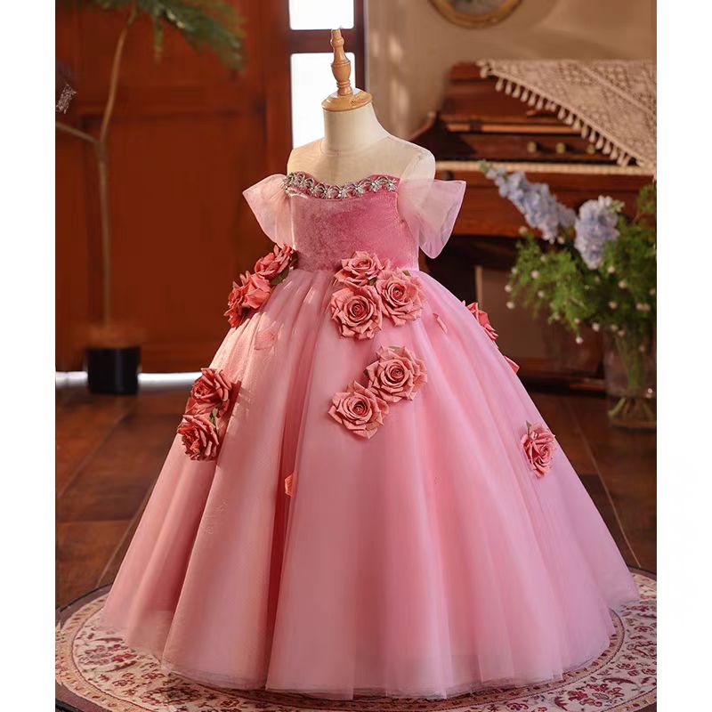 Jill Pink Handmade Flowers Girl Birthday Party Dress J040