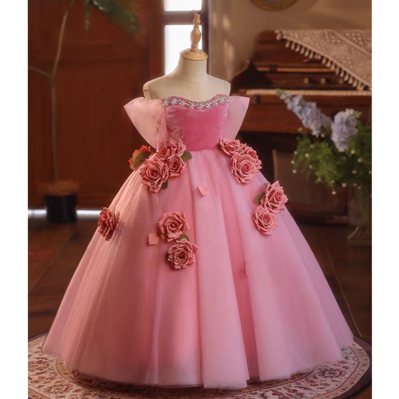Jill Pink Handmade Flowers Girl Birthday Party Dress J040