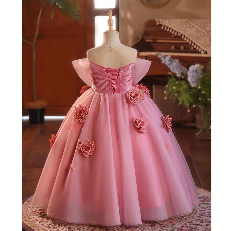 Jill Pink Handmade Flowers Girl Birthday Party Dress J040