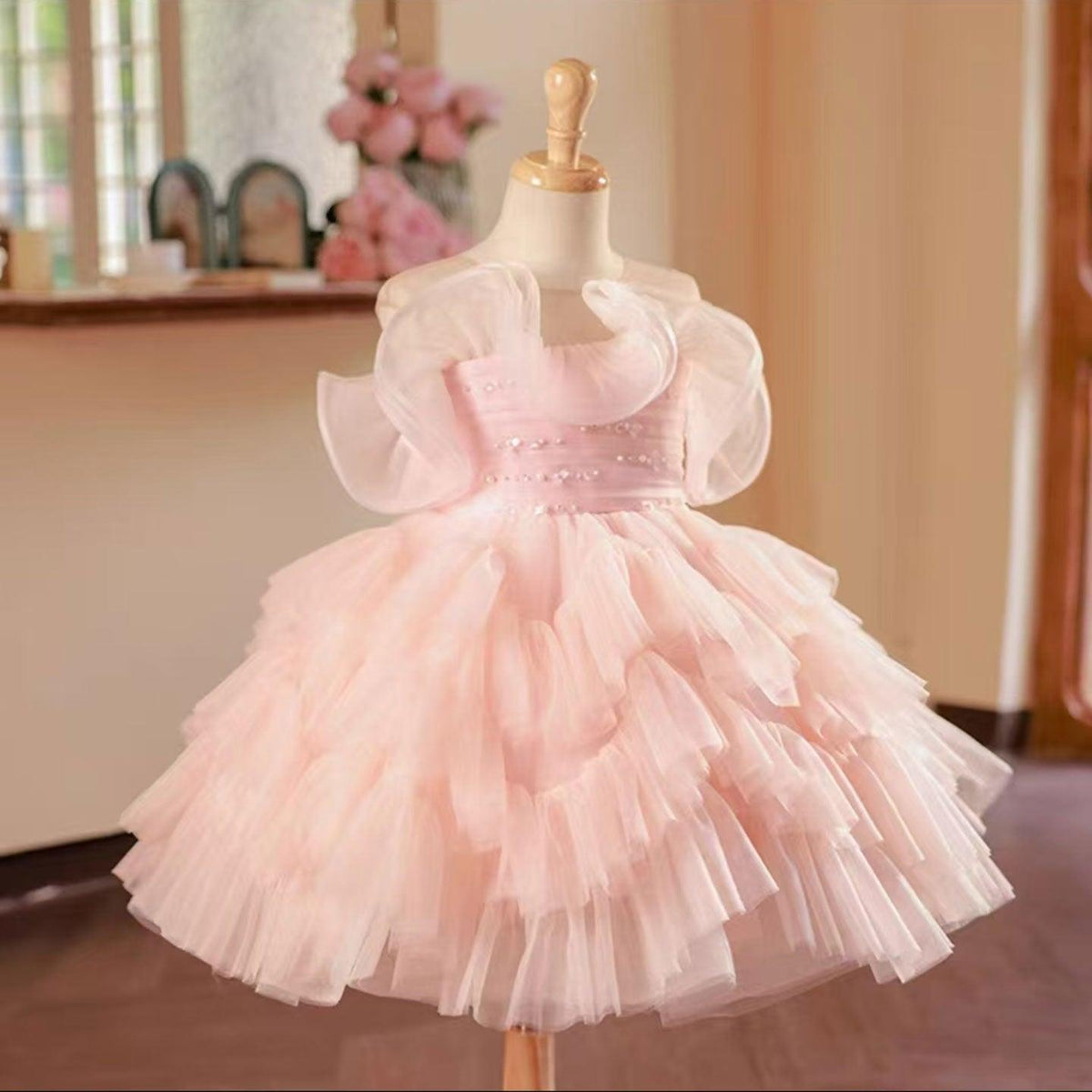 Jill Pink Knee Length Beaded Girl Dress for Baby Birthday Party J222