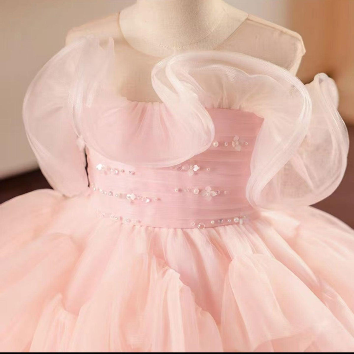 Jill Pink Knee Length Beaded Girl Dress for Baby Birthday Party J222
