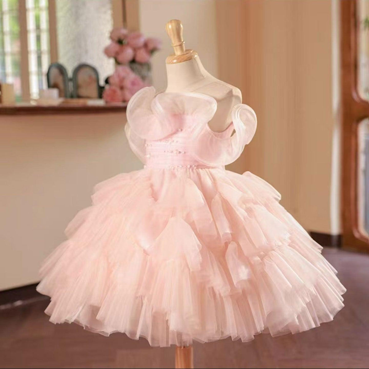 Jill Pink Knee Length Beaded Girl Dress for Baby Birthday Party J222