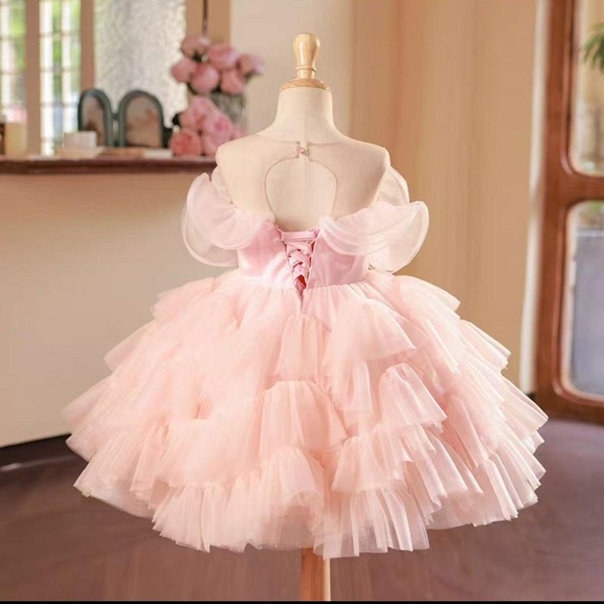 Jill Pink Knee Length Beaded Girl Dress for Baby Birthday Party J222