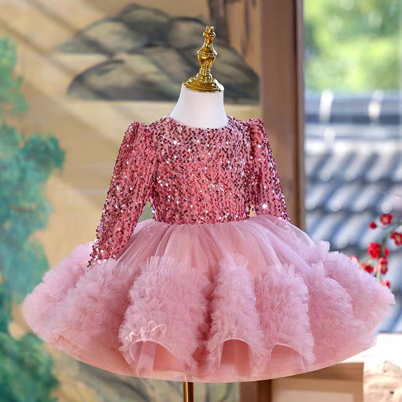 Jill Pink Long Sleeve Sequins Knee Length 1st Birthday Party Girl Dress J359