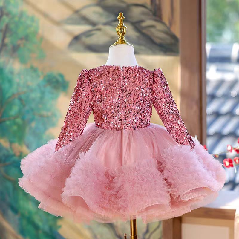 Jill Pink Long Sleeve Sequins Knee Length 1st Birthday Party Girl Dress J359