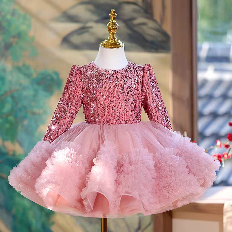 Jill Pink Long Sleeve Sequins Knee Length 1st Birthday Party Girl Dress J359