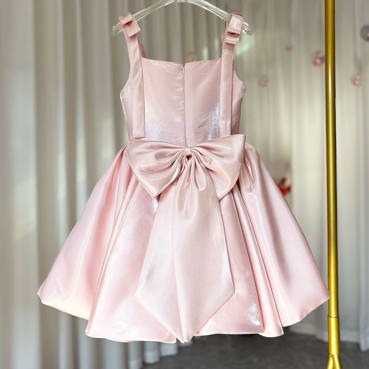 Jill Pink Puffy Square Collar Satin Birthday Party Girl Dress J226