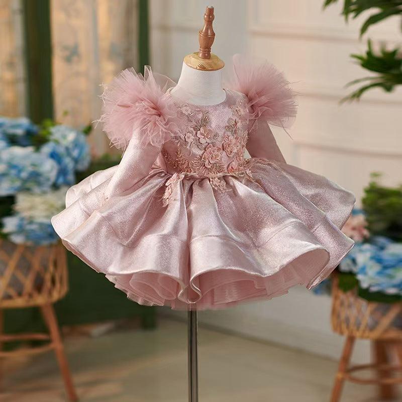 Jill Pink Satin Knee Length Long Sleeve 1st Birhhday Girl Dress J311