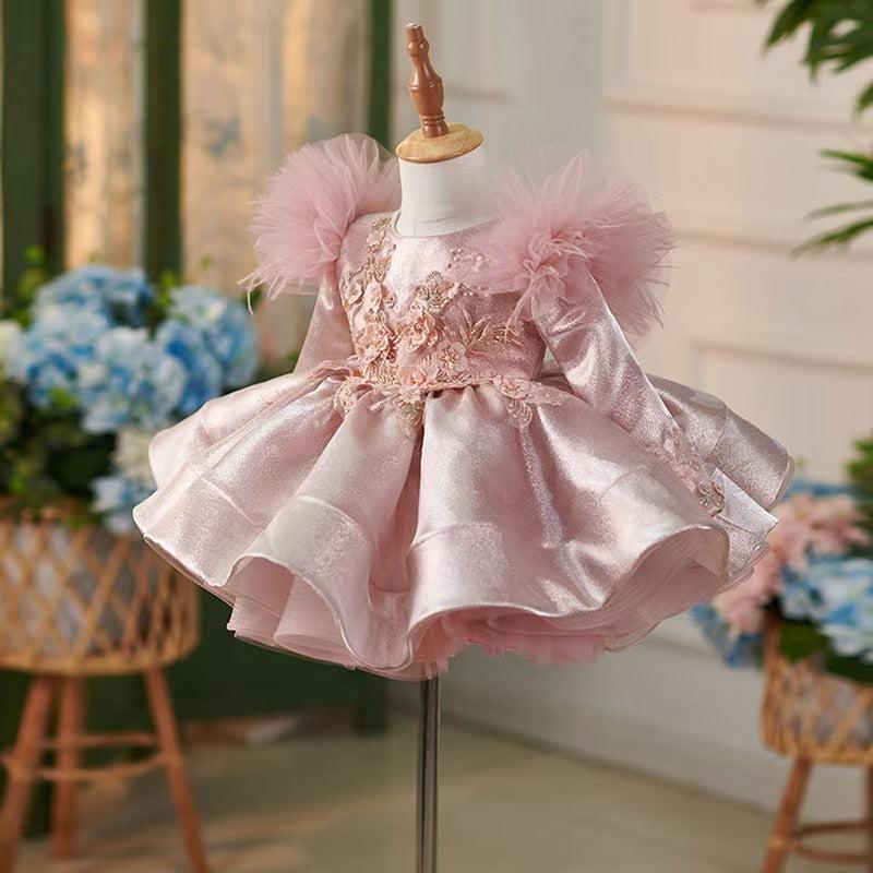 Jill Pink Satin Knee Length Long Sleeve 1st Birhhday Girl Dress J311
