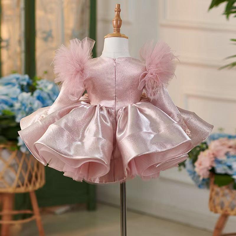 Jill Pink Satin Knee Length Long Sleeve 1st Birhhday Girl Dress J311