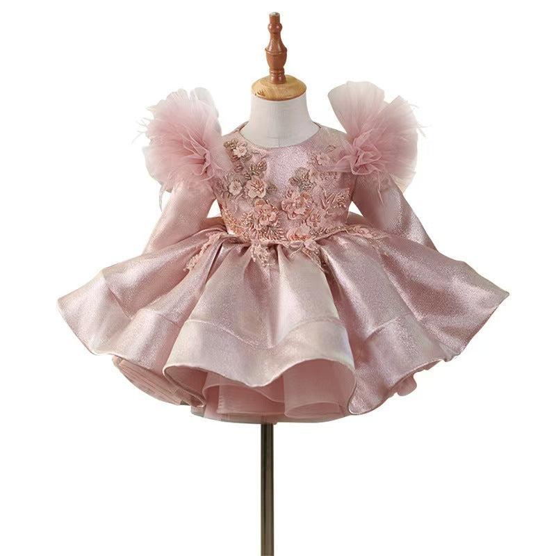 Jill Pink Satin Knee Length Long Sleeve 1st Birhhday Girl Dress J311
