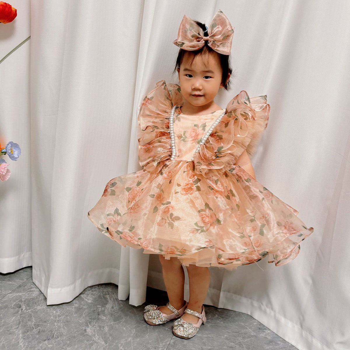 Jill Puffy Sleeve Champagne Baby Knee Length Girl Dress J225