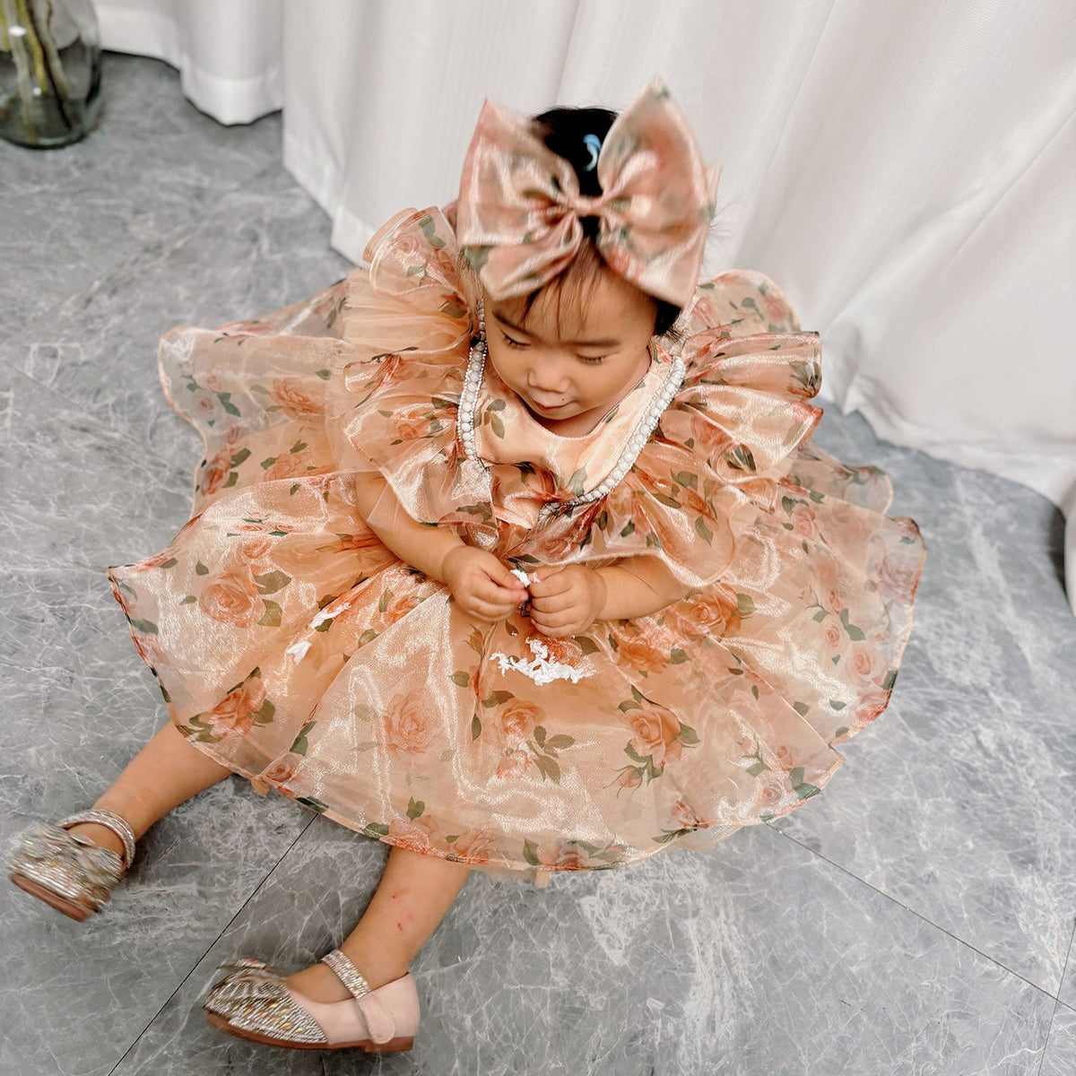 Jill Puffy Sleeve Champagne Baby Knee Length Girl Dress J225