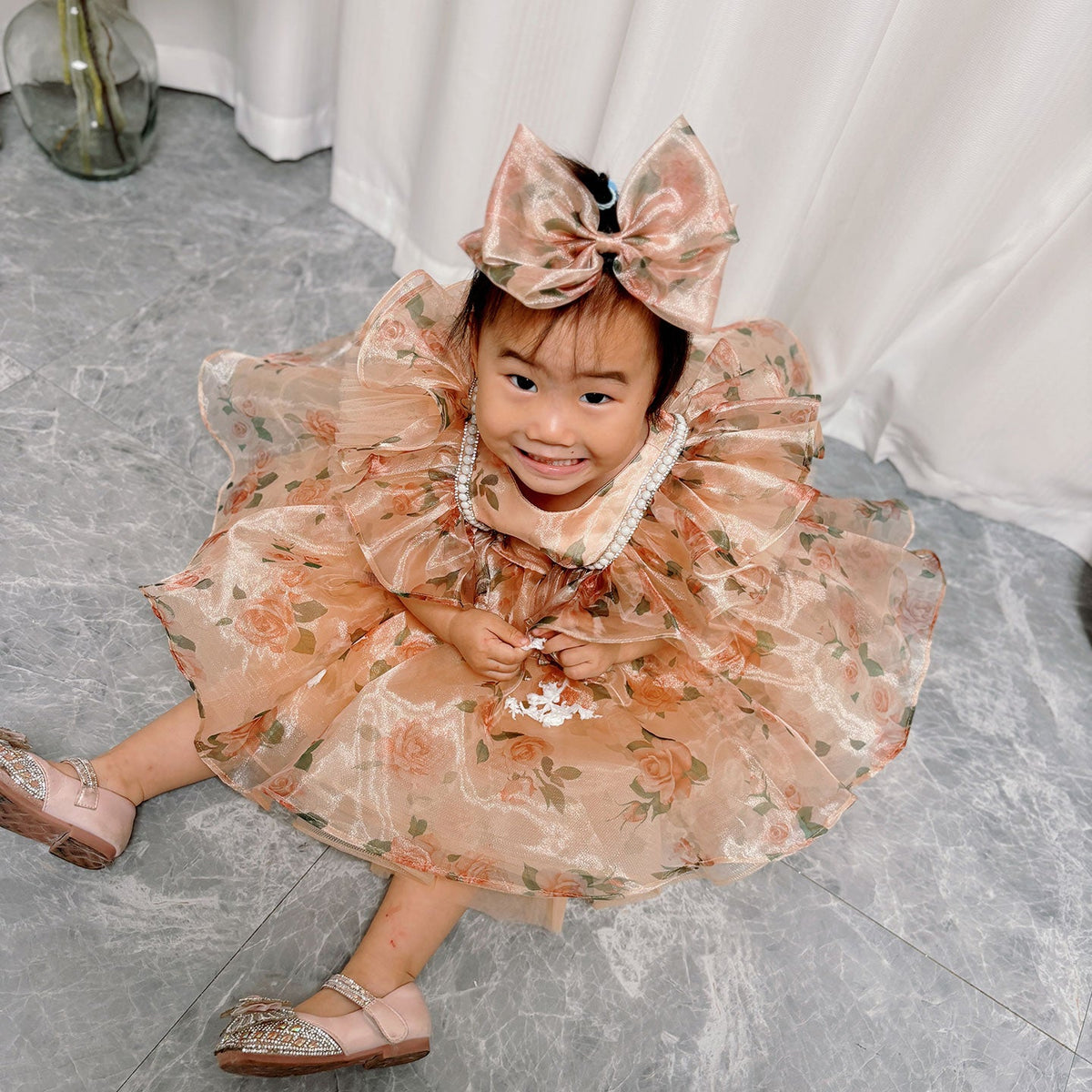 Jill Puffy Sleeve Champagne Baby Knee Length Girl Dress J225