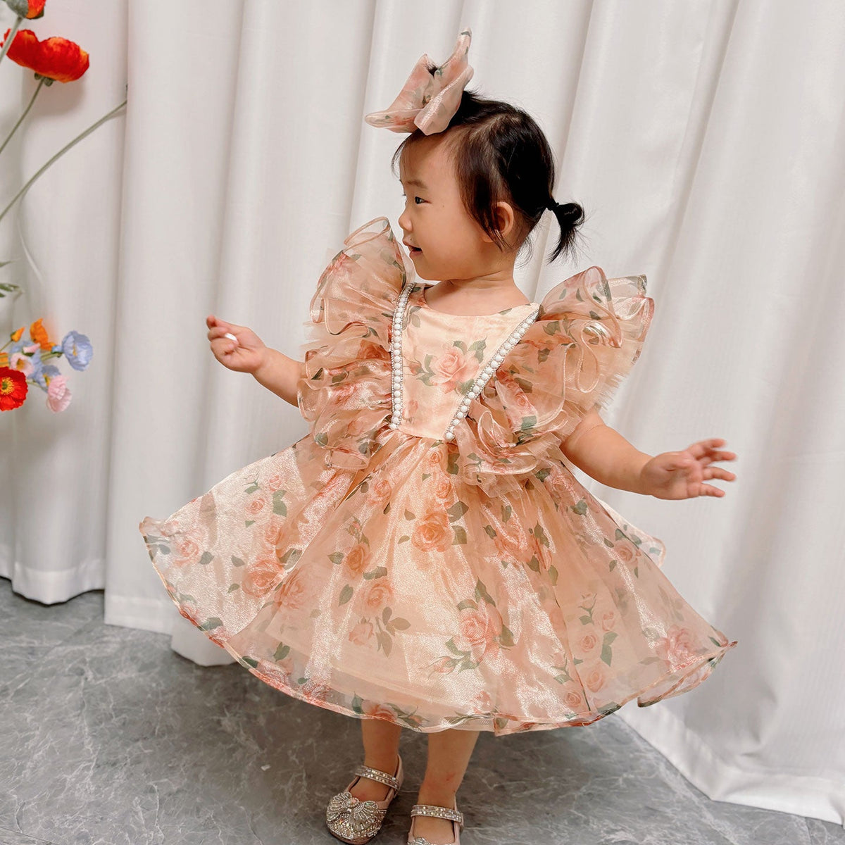 Jill Puffy Sleeve Champagne Baby Knee Length Girl Dress J225