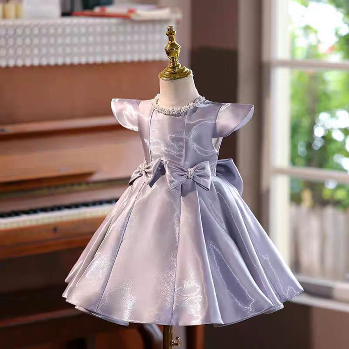 Jill Purple Satin Girl Dress With Bow Toddler Kids 1st Birthday Party Gown J764