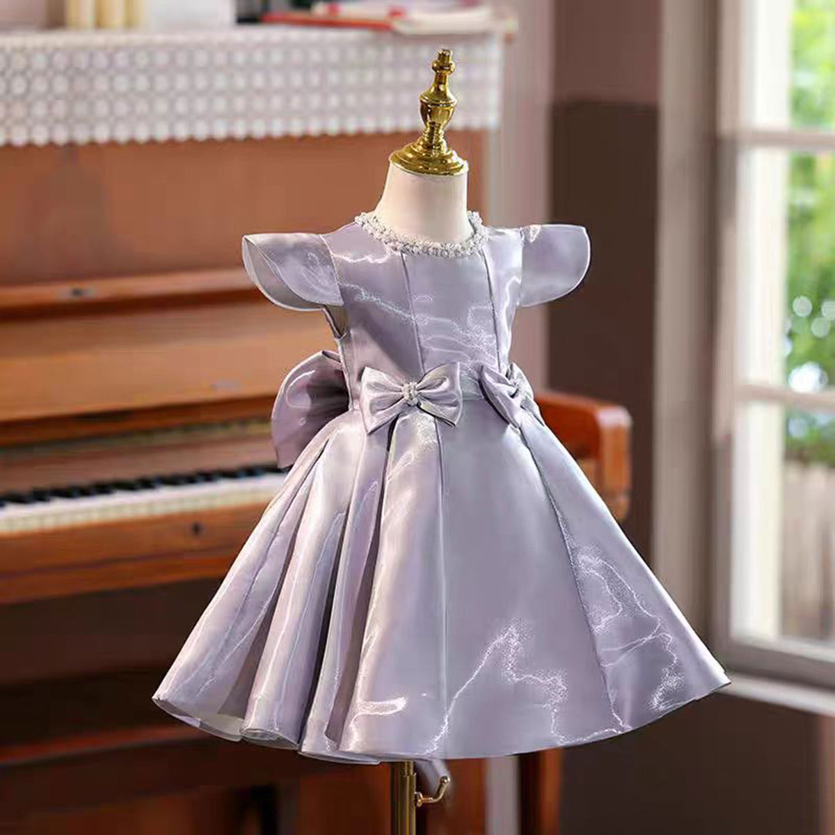 Jill Purple Satin Girl Dress With Bow Toddler Kids 1st Birthday Party Gown J764