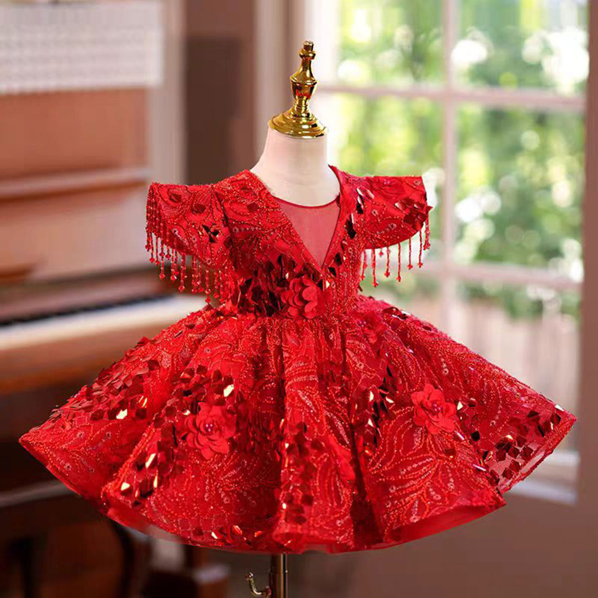 Jill Red Flower Girl Dress for Princess Kids 1st Birthday Party J469