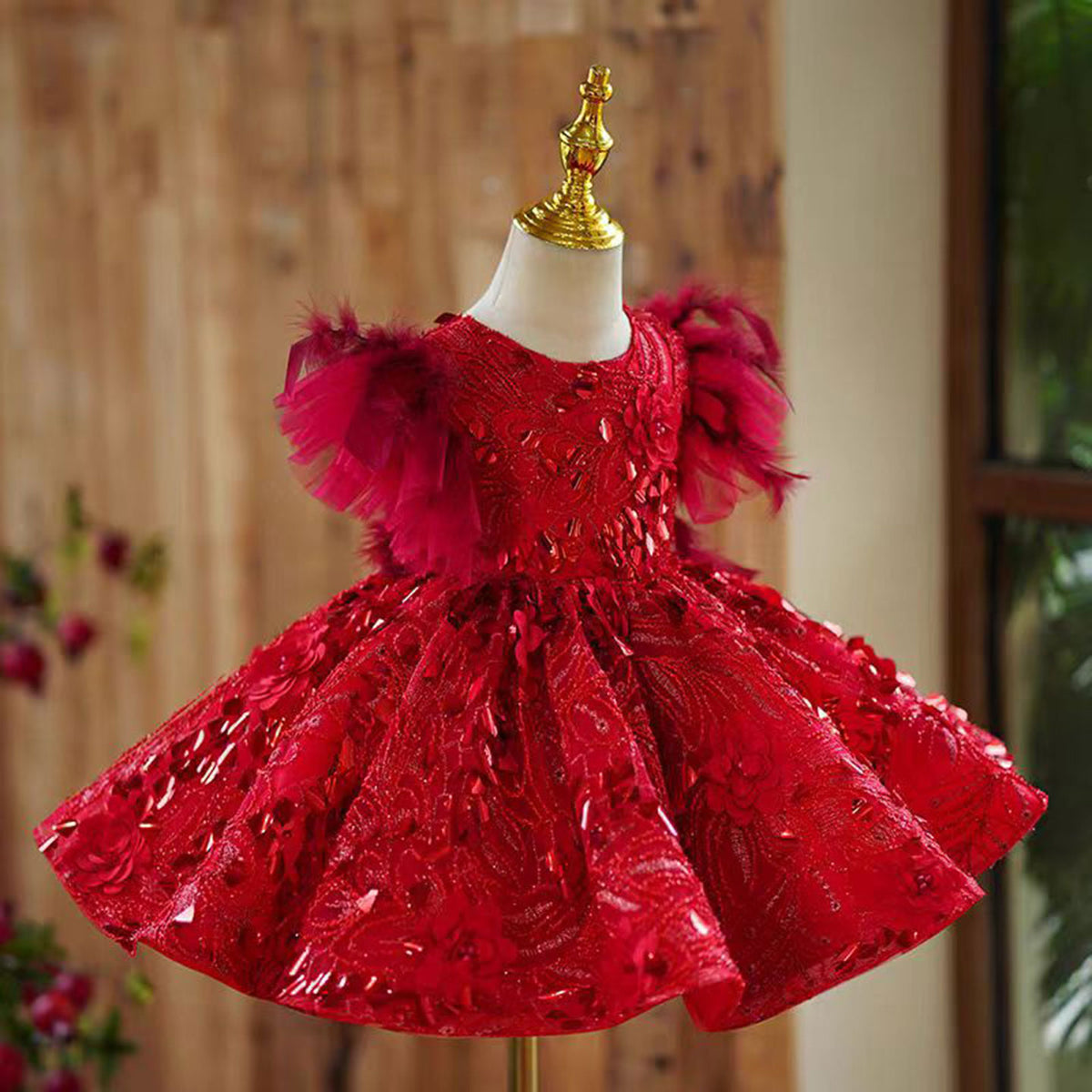 Jill Red Flower Girl Dress for Princess Kids 1st Birthday Party J469