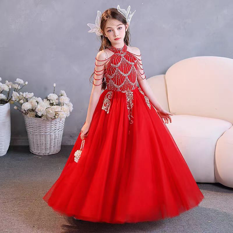 Jill Red Girl Dress kids Princess Birthday Holiday Party Gown J365