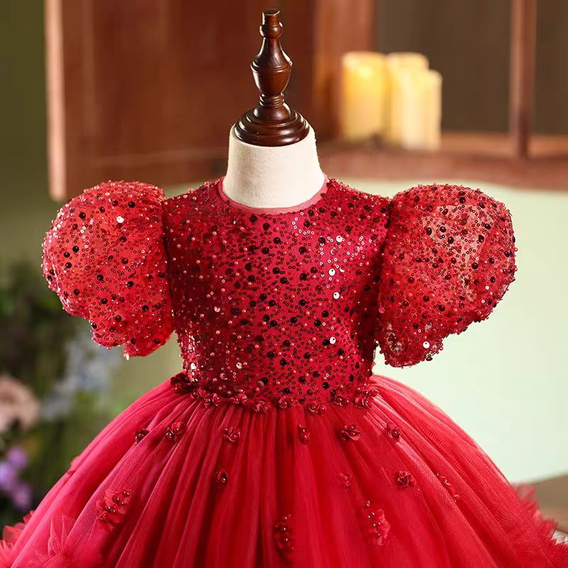 Jill Red Sequins Toddler 1st Birthday Knee Length Party Girl Dress J358