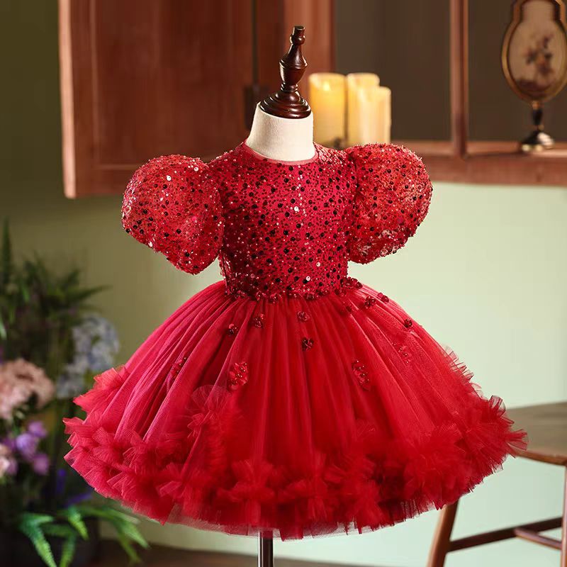 Jill Red Sequins Toddler 1st Birthday Knee Length Party Girl Dress J358