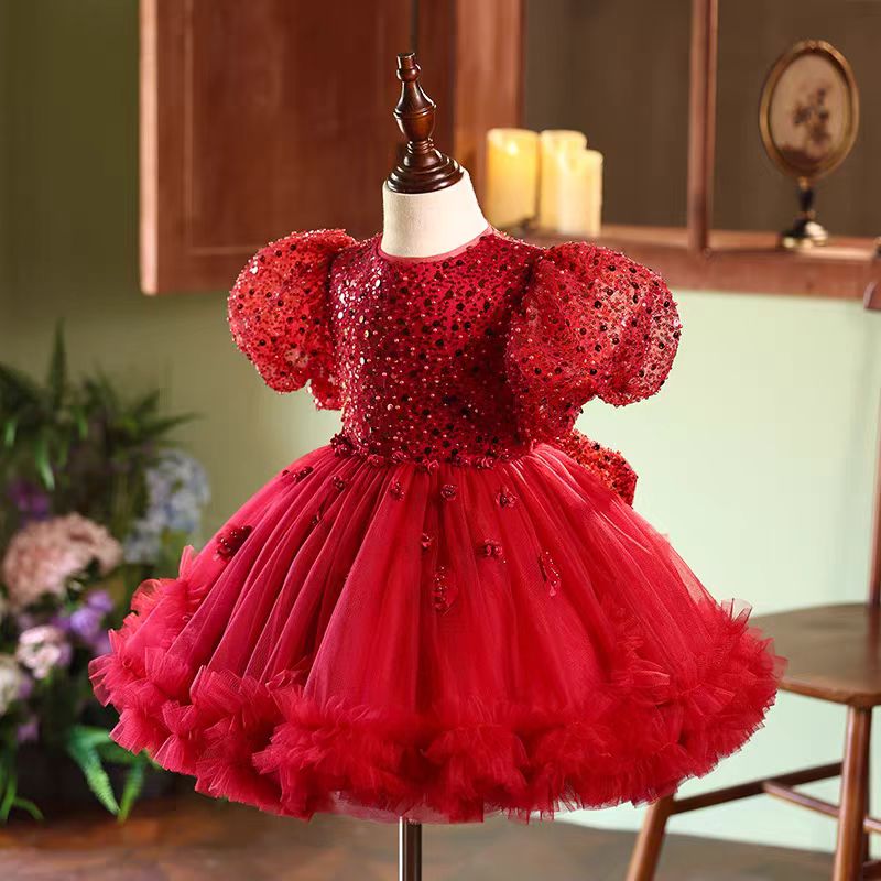 Jill Red Sequins Toddler 1st Birthday Knee Length Party Girl Dress J358