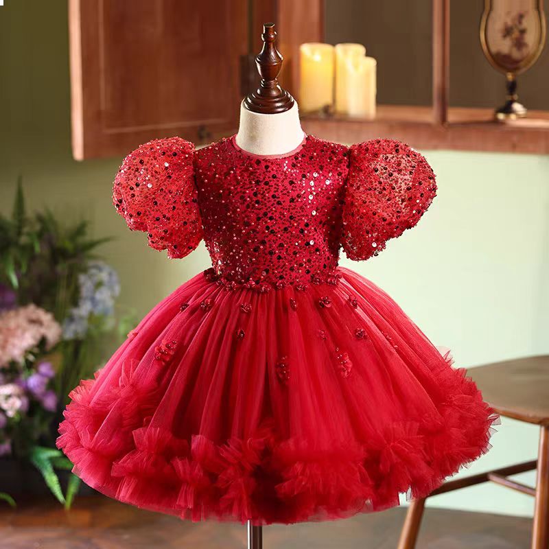Jill Red Sequins Toddler 1st Birthday Knee Length Party Girl Dress J358