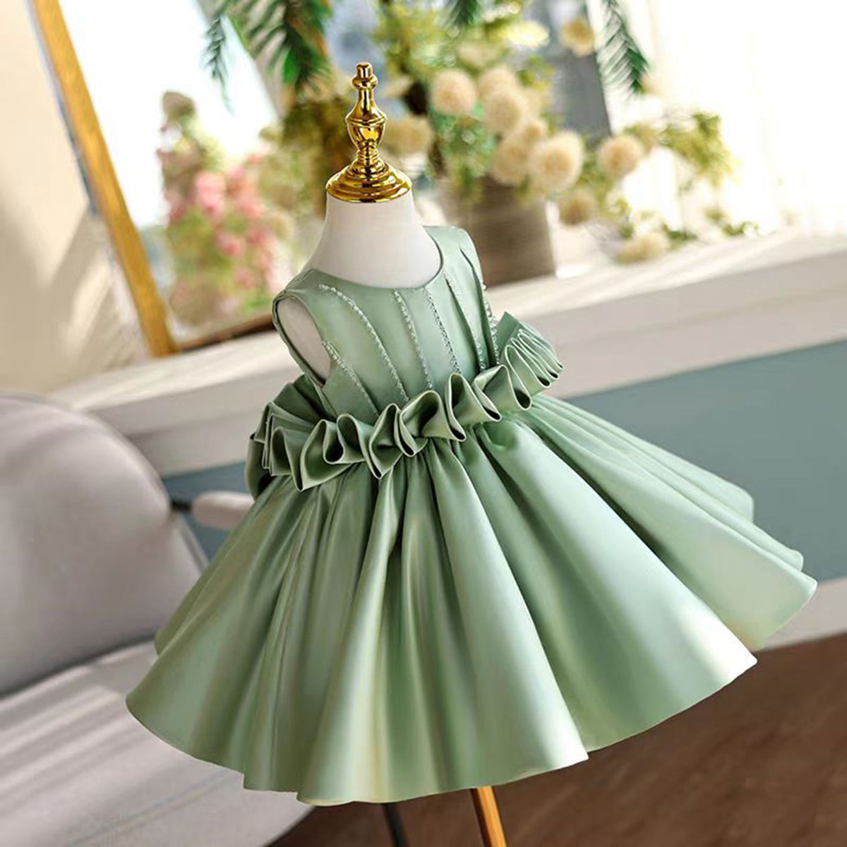 Jill Sage Green Satin Girl Princess Dress Toddler Kids 1st Birthday Party Gown J460