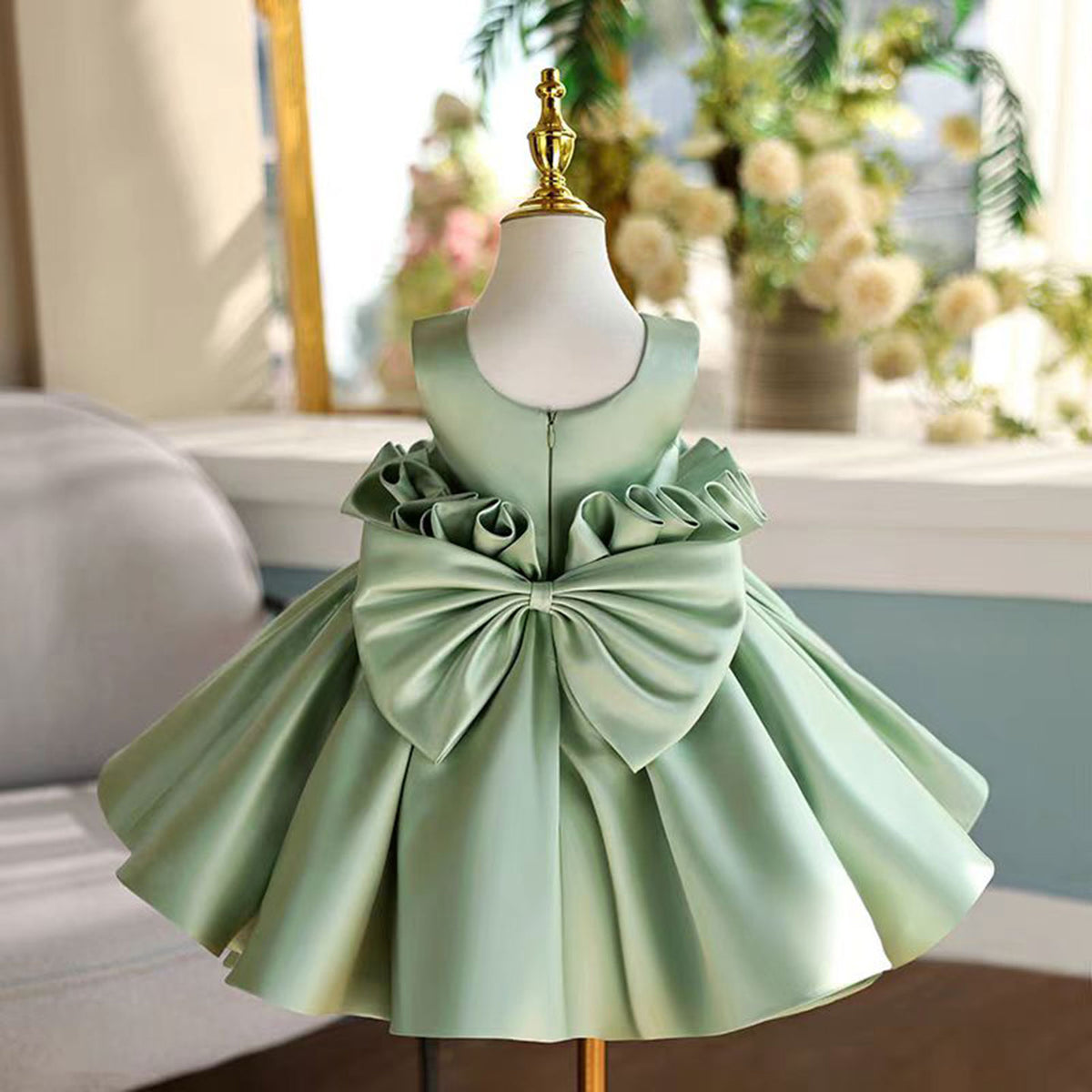 Jill Sage Green Satin Girl Princess Dress Toddler Kids 1st Birthday Party Gown J460