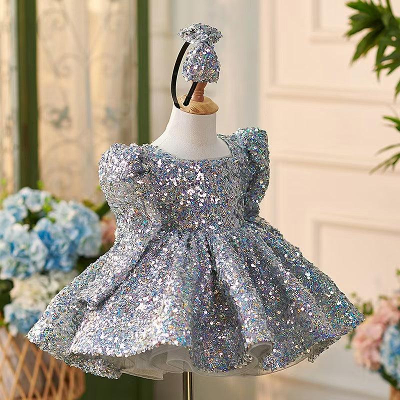 Jill Sparkling Silver Knee Length Girl Dress with Long Sleeve J309