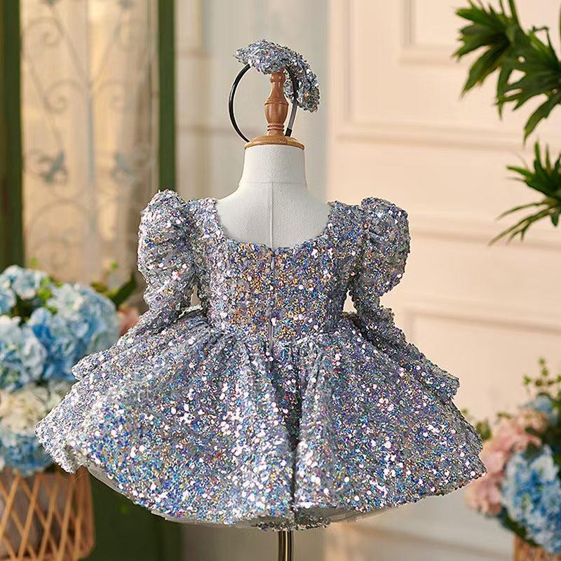 Jill Sparkling Silver Knee Length Girl Dress with Long Sleeve J309