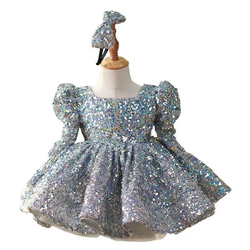Jill Sparkling Silver Knee Length Girl Dress with Long Sleeve J309