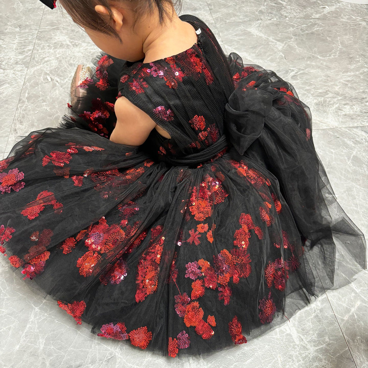 Jill Super Cute Black Baby Lace Knee Length Girl Dress J252
