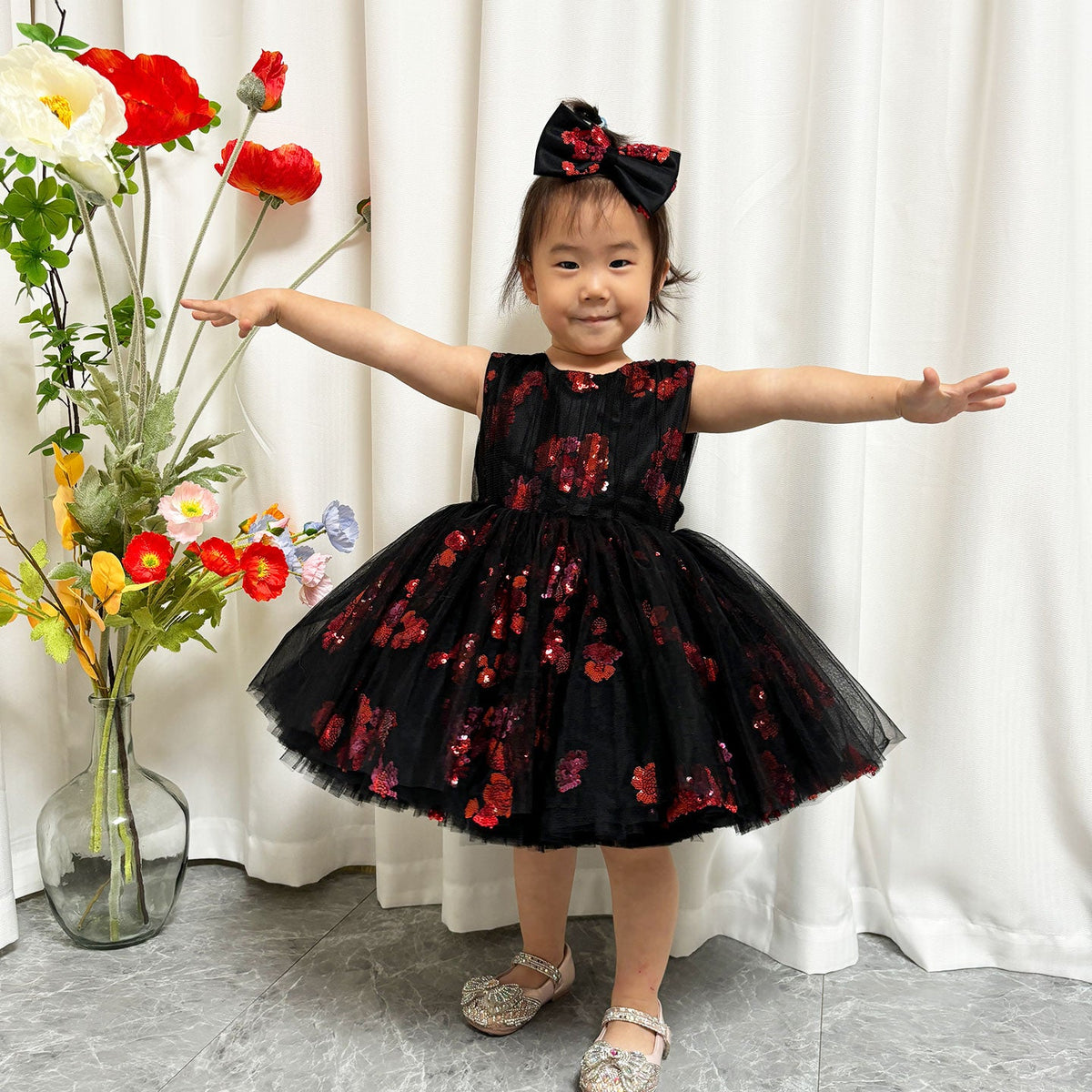 Jill Super Cute Black Baby Lace Knee Length Girl Dress J252