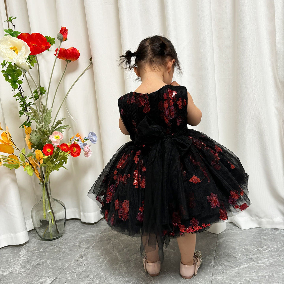 Jill Super Cute Black Baby Lace Knee Length Girl Dress J252