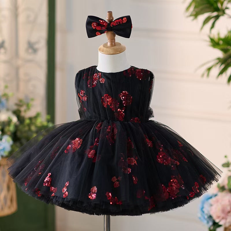 Jill Super Cute Black Baby Lace Knee Length Girl Dress J252