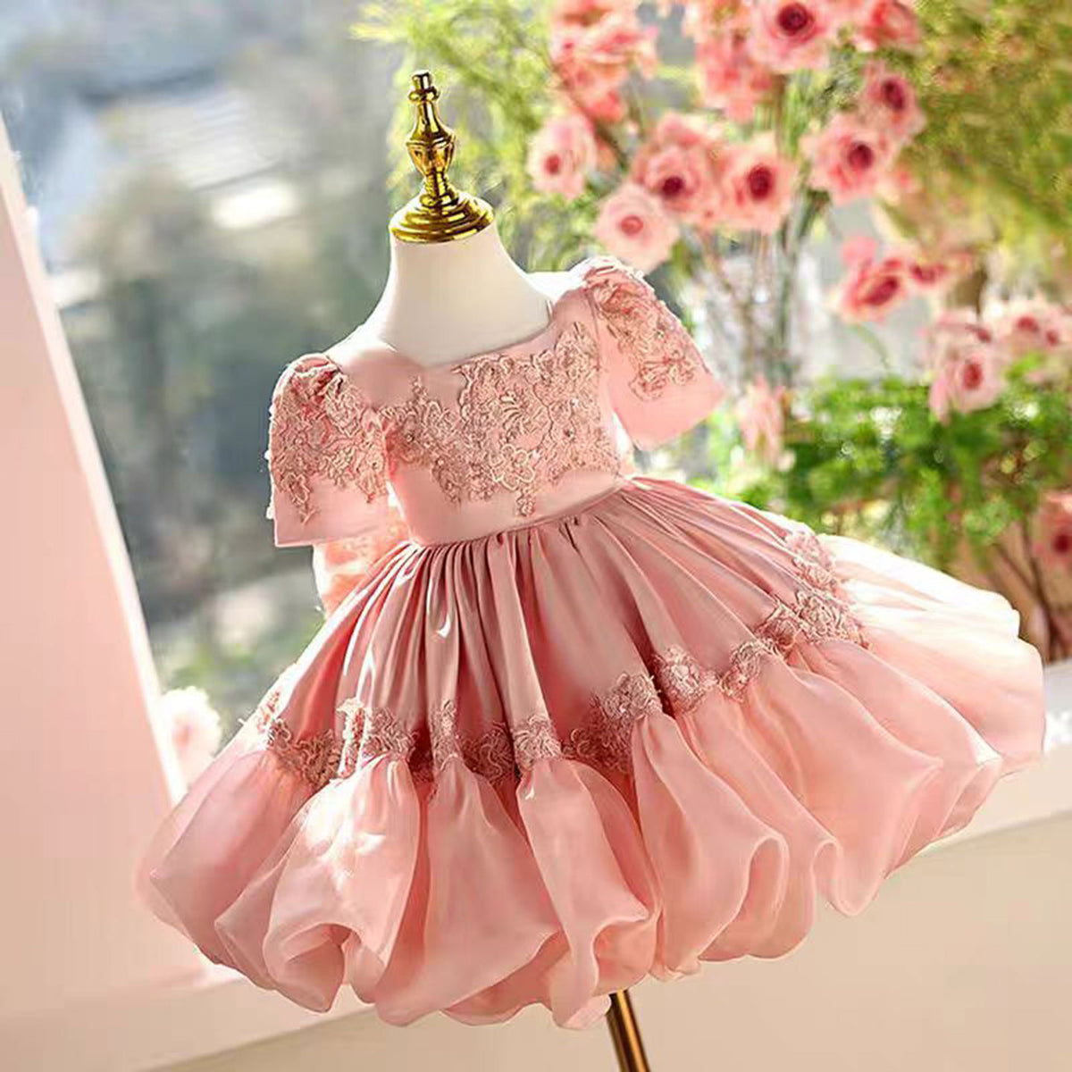 Jill White Applique Lace Girl Puffy Dress Kids 1st Birthday Party Gown J455