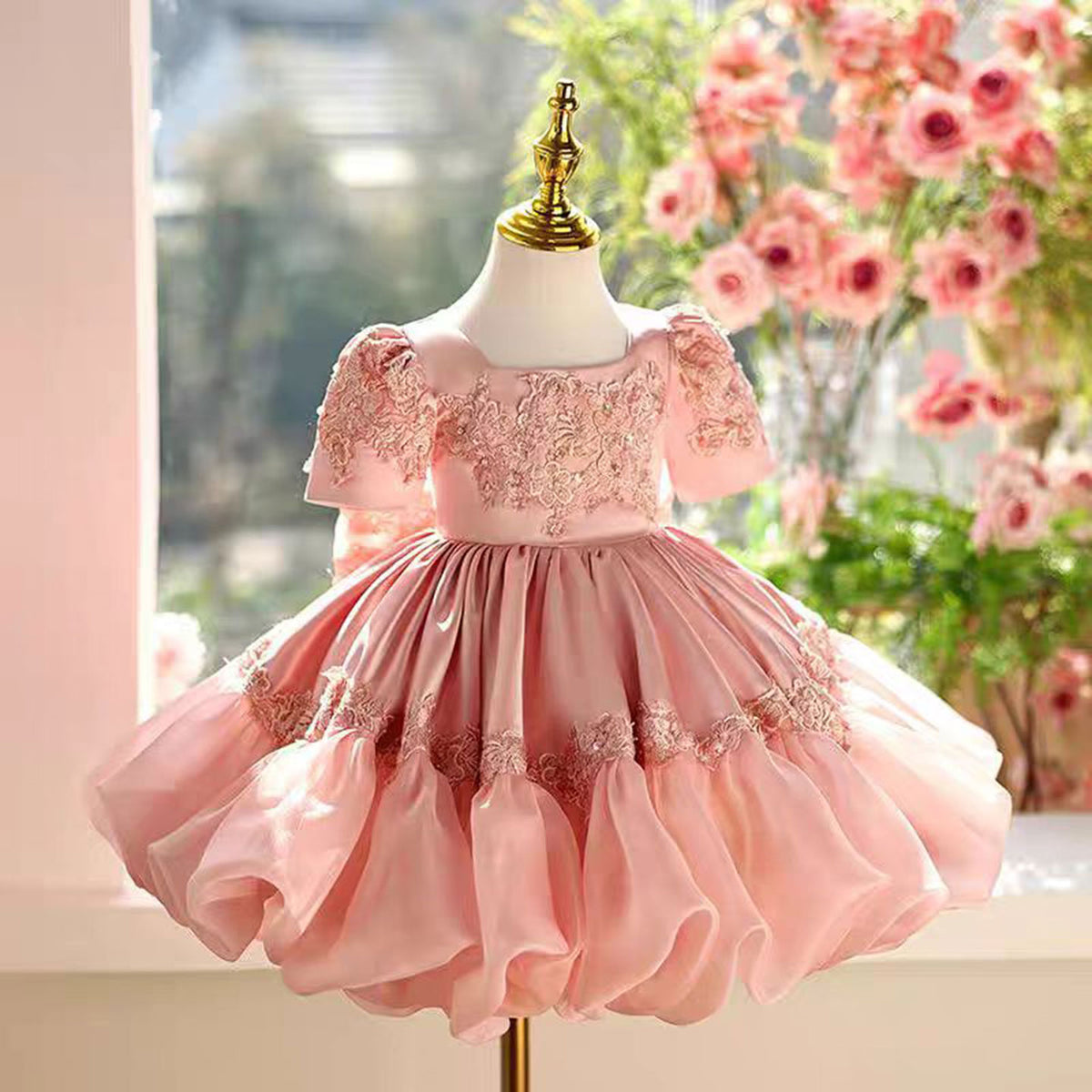 Jill White Applique Lace Girl Puffy Dress Kids 1st Birthday Party Gown J455