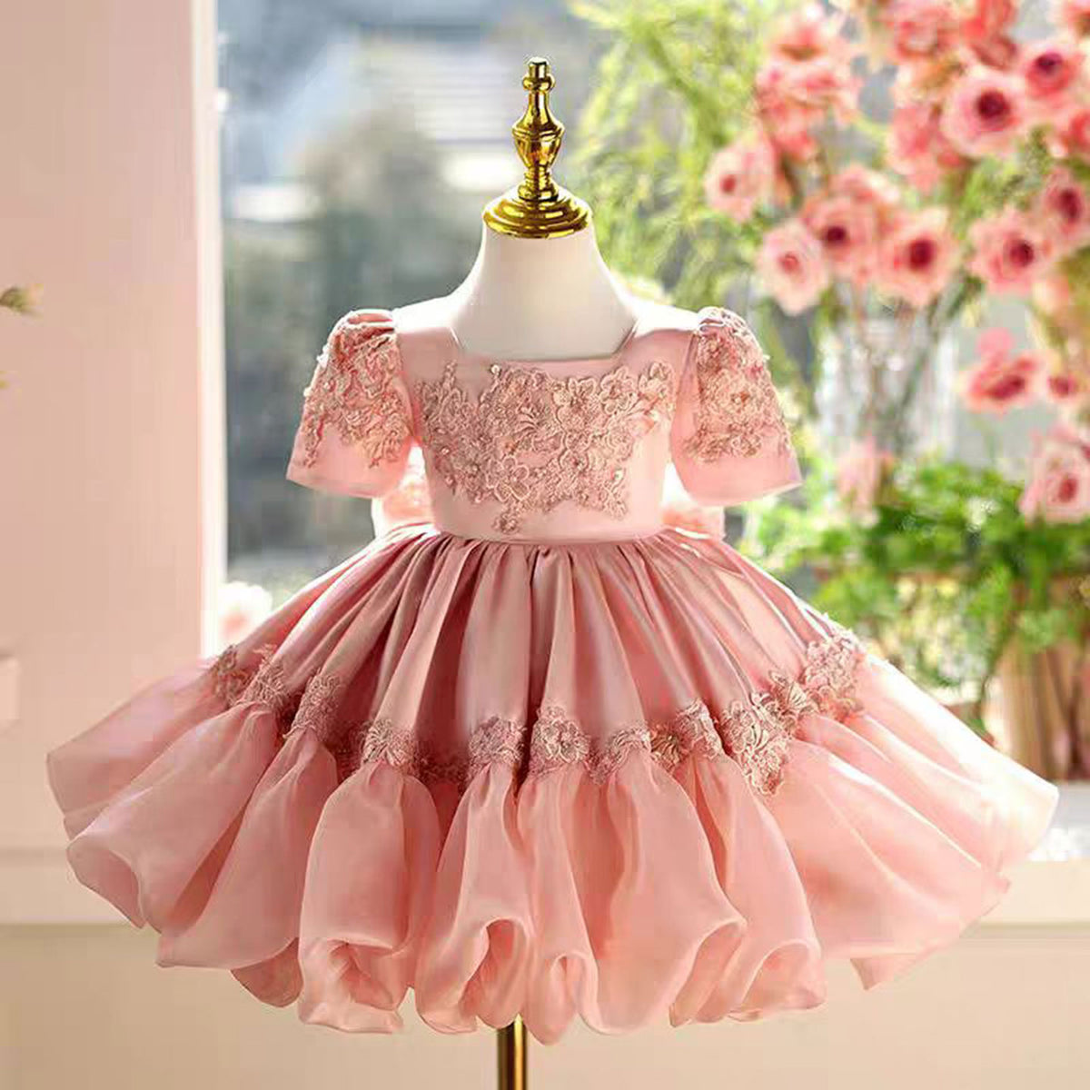 Jill White Applique Lace Girl Puffy Dress Kids 1st Birthday Party Gown J455