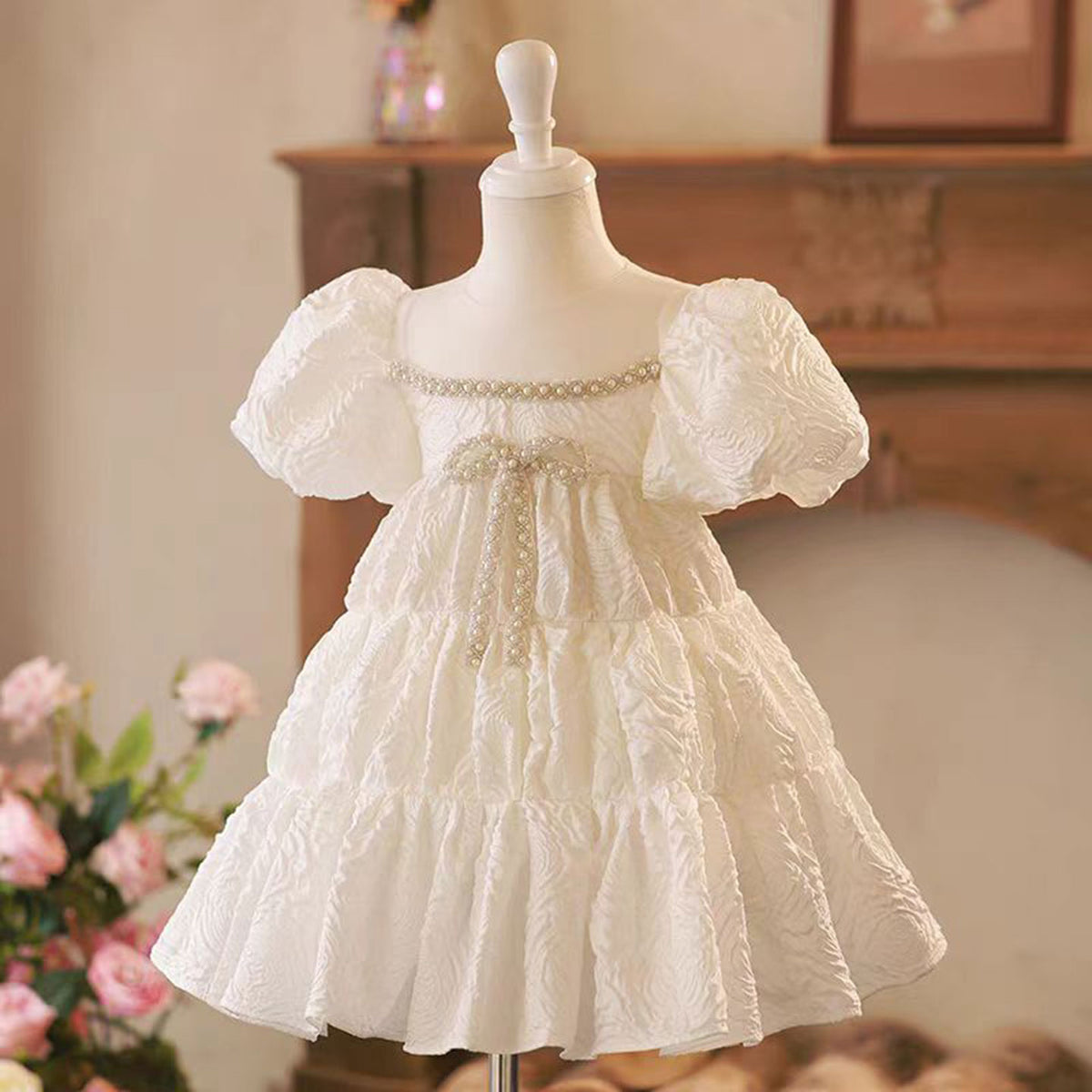 Jill White Flower Princess Girl Dress Pearls for Kids Wedding Party Gown J770