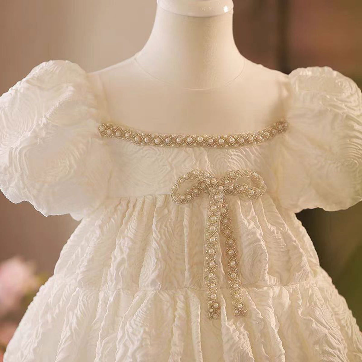 Jill White Flower Princess Girl Dress Pearls for Kids Wedding Party Gown J770