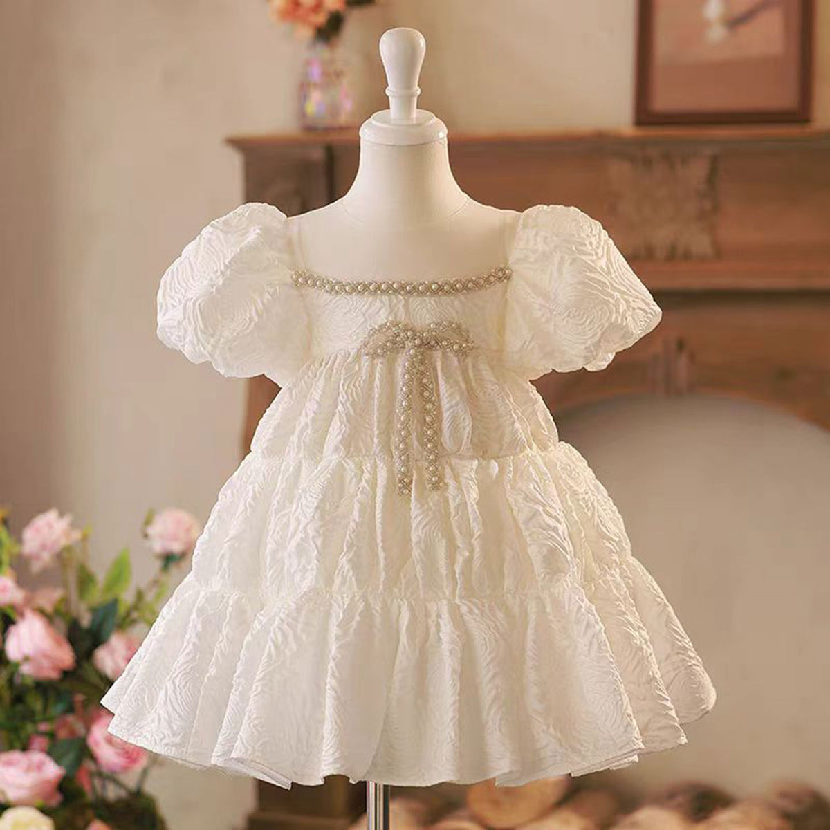 Jill White Flower Princess Girl Dress Pearls for Kids Wedding Party Gown J770