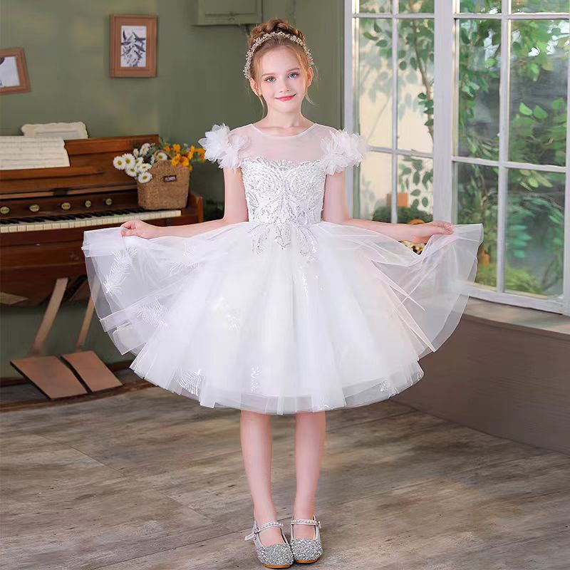 Jill White Girl Dress Embroidered Short Sleeve Party Ball Gown J714