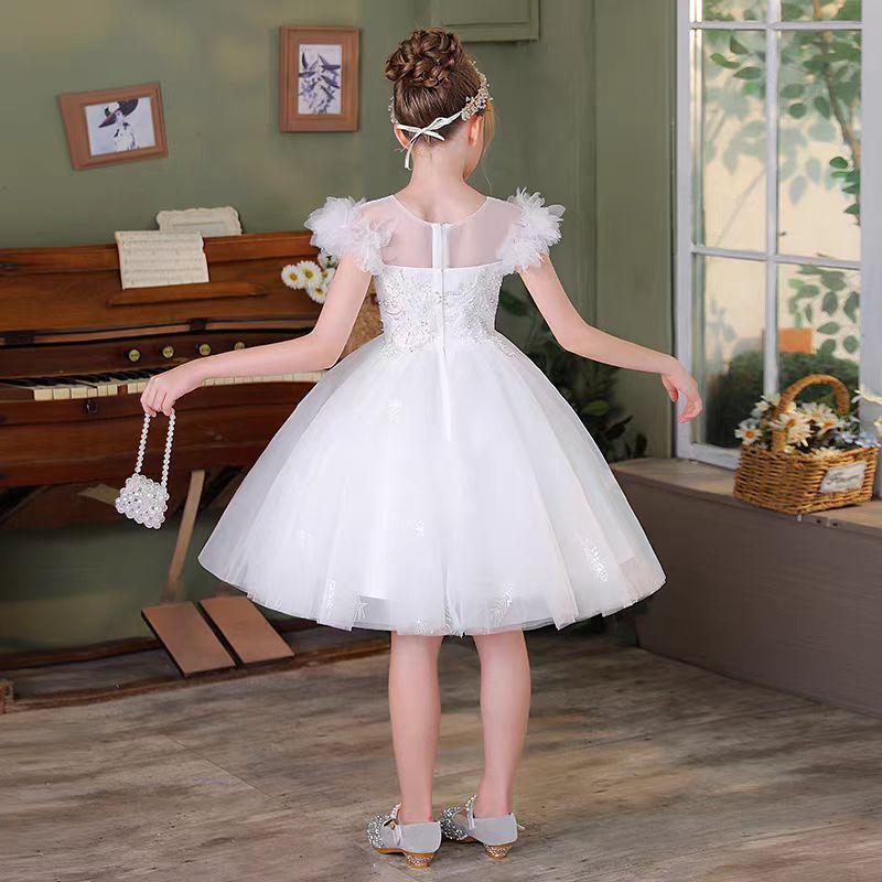 Jill White Girl Dress Embroidered Short Sleeve Party Ball Gown J714