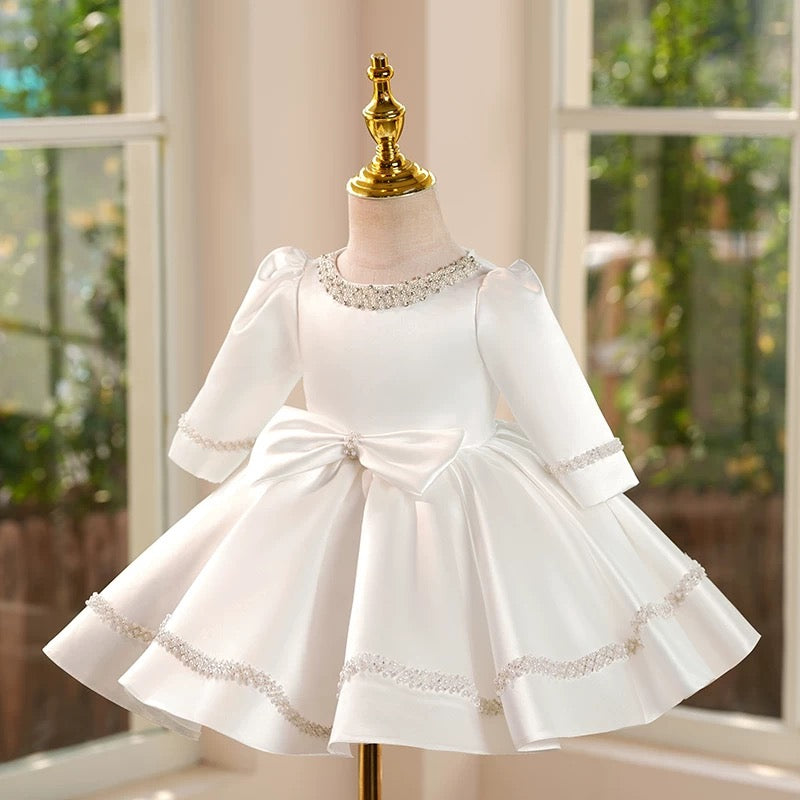 Jill White Girl Dress Satin Rhinestone Embellished Ball Gown J413